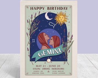 Tarjeta de cumpleaños de Géminis, tarjeta grande A5 con signo de estrella del zodíaco de feliz cumpleaños