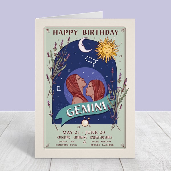 Tarjeta de cumpleaños de Géminis, tarjeta grande A5 con signo de estrella del zodíaco de feliz cumpleaños