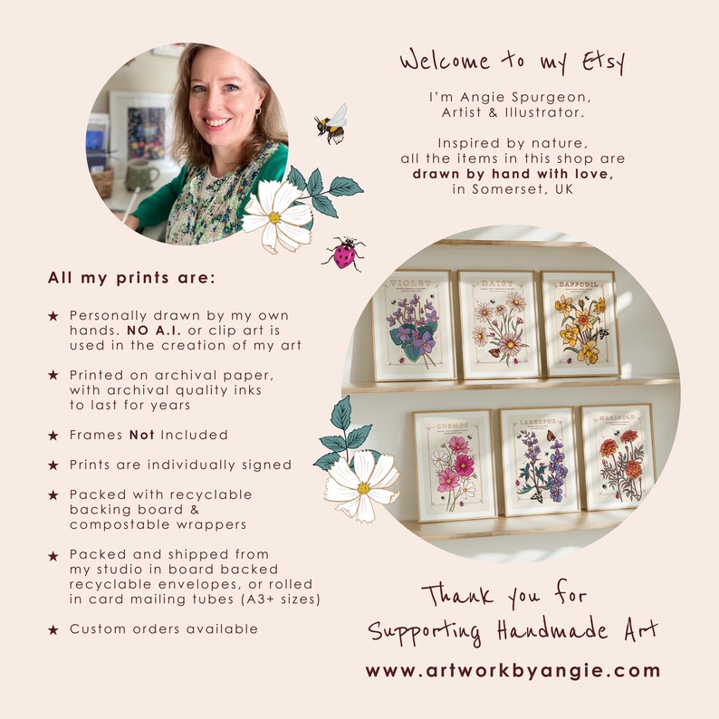 May include: A collection of six botanical prints featuring various flowers and plants. The prints are framed and displayed on a shelf. The prints are hand-drawn and signed by the artist, Angie Spurgeon. The text "Thank you for Supporting Handmade Art" and the website address "www.artworkbyangie.com" are also visible.