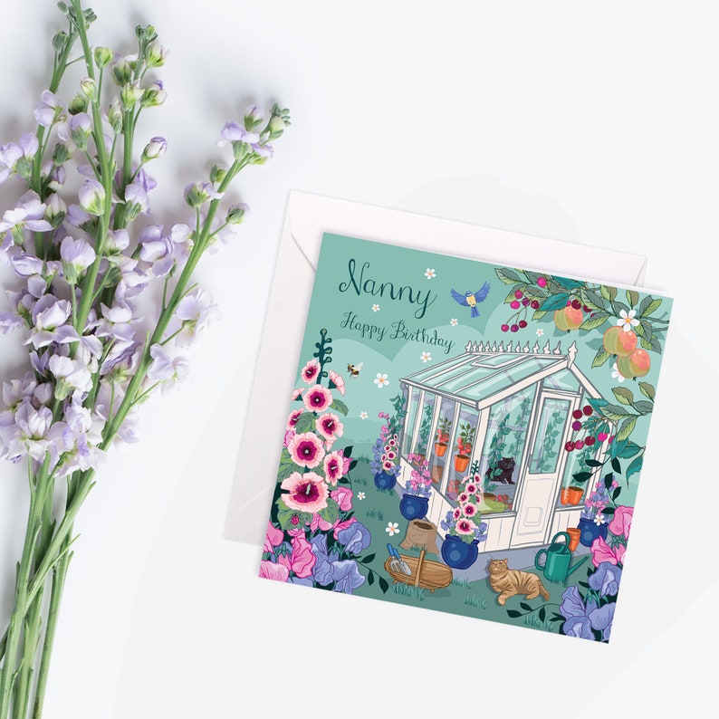 Happy Birthday Nanny Card, bright floral, cats in the greenhouse card image 3