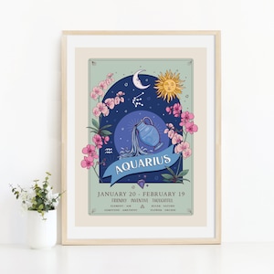 Wodnik wydruk ścienny, znak zodiaku i kwiaty wydruk ilustracyjny