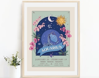 Aquarius Wall Art Print, Zodiac Sign and Flowers Illustration Print