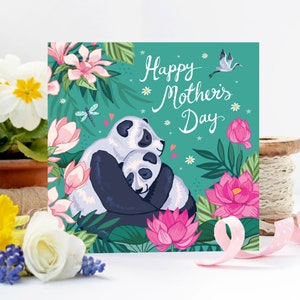 Glückliche Muttertagskarte, niedlicher Pandabär und Babypandakarte für Mama, Blumenkarte für Mama