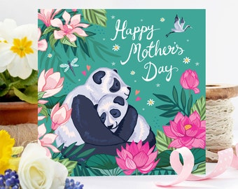 Happy Mother's Day card, cute panda bear and baby panda card for mum, floral card for mom
