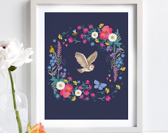 Owl and Wildflower Garland Illustration Print, Botanical Wall Art