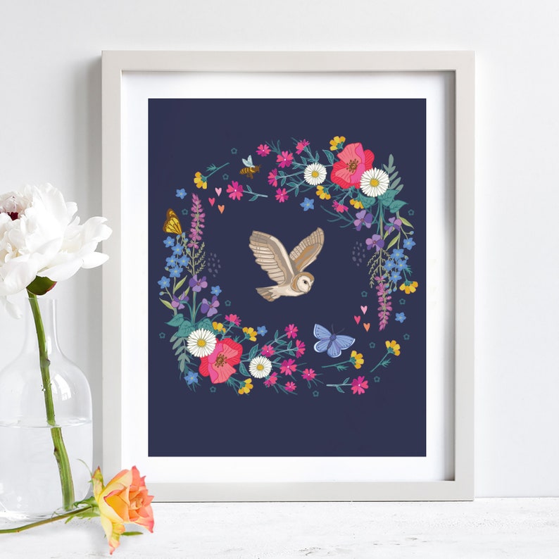 Owl and Wildflower Garland Illustration Print, Botanical Wall Art image 1