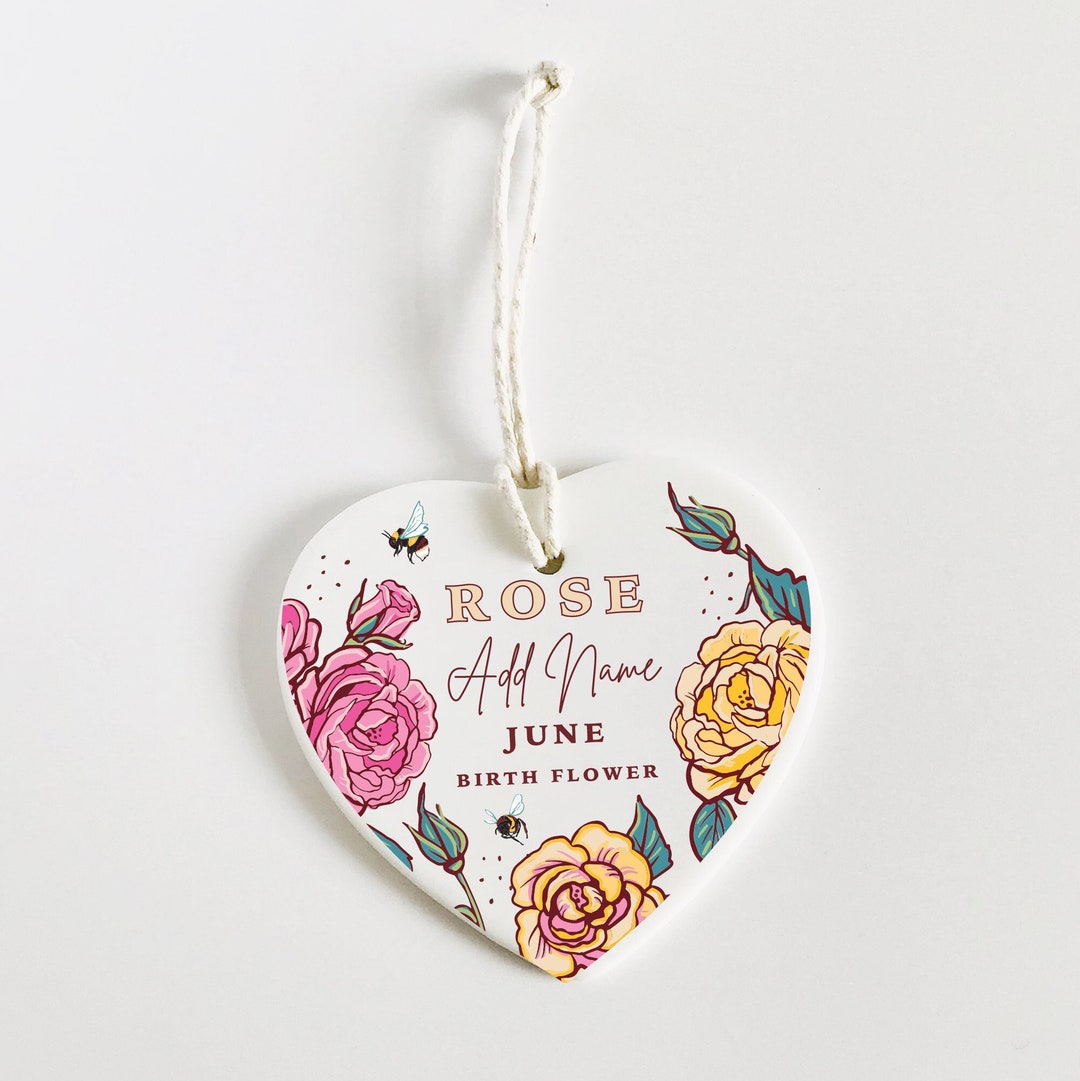 Personalised Ceramic Heart Hanging Decoration Birth Flower for June ...
