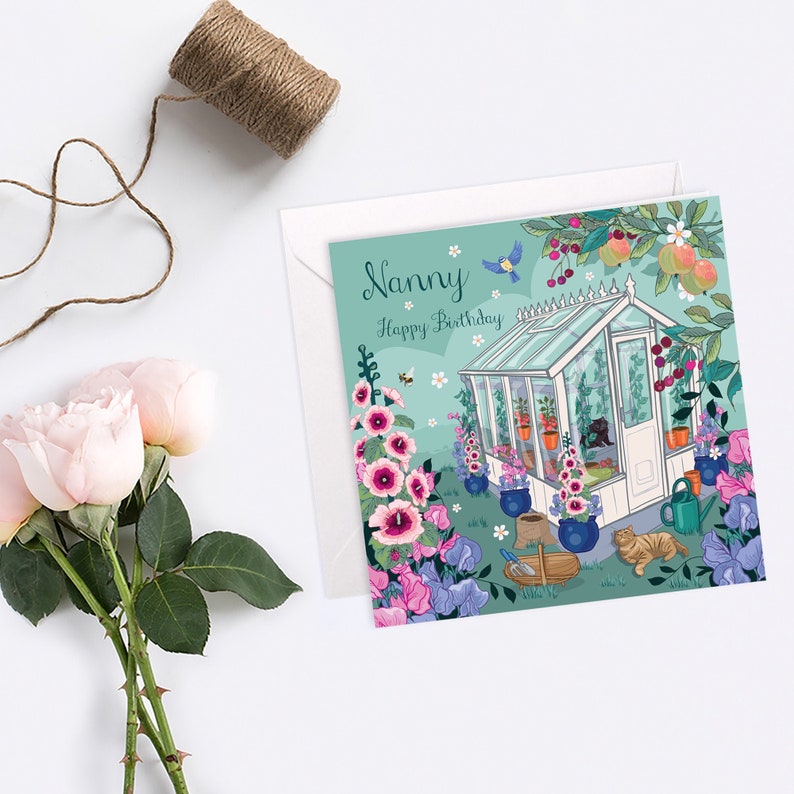 Happy Birthday Nanny Card, bright floral, cats in the greenhouse card image 1