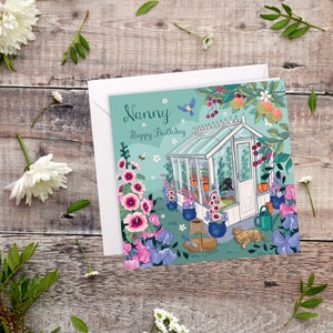 Happy Birthday Nanny Card, bright floral, cats in the greenhouse card image 5