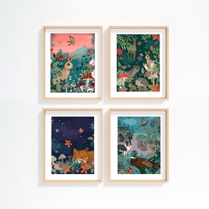 Autumn Woodland Wildlife Wall Art Print Set of 4, Fox, Hare, Pheasant and Hedgehog Wild Animal Illustrations