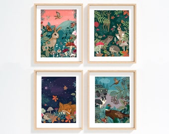 Autumn Woodland Animal Print Set: Fox, Hare, Pheasant, Hedgehog