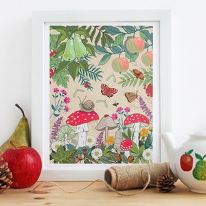 Stampa artistica per cameretta dei bambini con funghi e animali selvatici del bosco, stampa artistica da parete con tema naturalistico