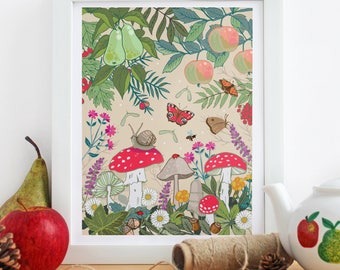 Woodland Toadstools and Wildlife Illustration Nursery Print, Nature Wall Art Print