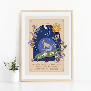 Wydruk ścienny Koziorożca, ilustracja znaku zodiaku i kwiatów