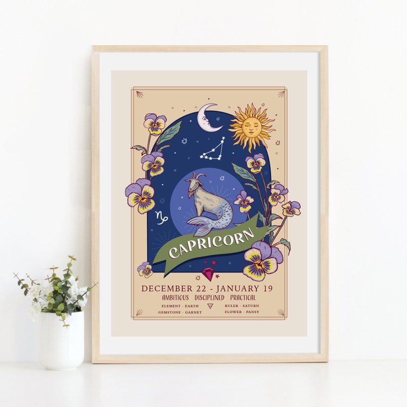 May include: A vintage-style illustration of the Capricorn zodiac sign. The illustration features a goat with a fish tail, a crescent moon, a sun, and a constellation of stars. The background is a dark blue with a light blue border. The illustration is surrounded by purple and yellow pansies.