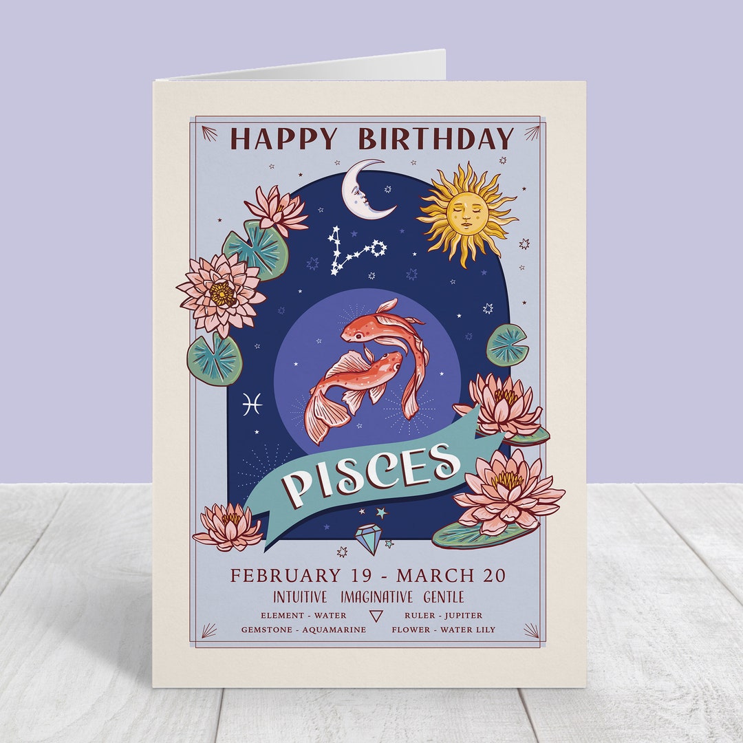Pisces Birthday Card, Happy Birthday Zodiac Star Sign Large A5 Card - Etsy