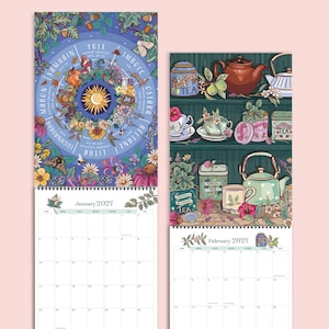 May include: A 2027 wall calendar featuring two open pages. The left page shows a circular seasonal wheel with illustrations of nature and the text Samhain, Yule, Imbolc, Ostara, Beltane, Litha, Lughnasadh, and Mabon. The right page displays tea-themed illustrations on shelves with teapots, cups, and tea tins. Both pages include a grid for January and February 2027.