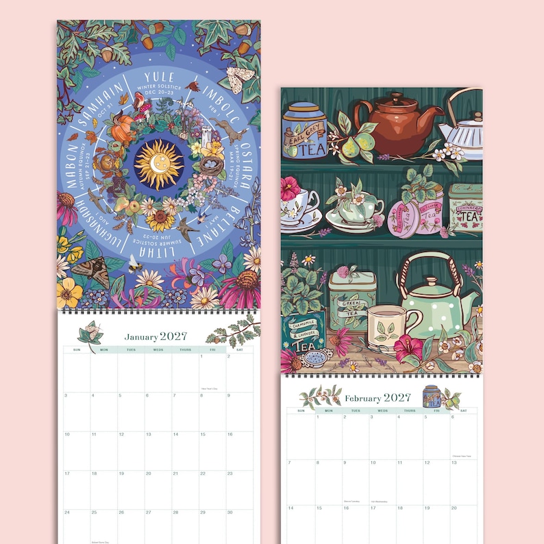 May include: A 2027 wall calendar featuring two open pages. The left page shows a circular seasonal wheel with illustrations of nature and the text Samhain, Yule, Imbolc, Ostara, Beltane, Litha, Lughnasadh, and Mabon. The right page displays tea-themed illustrations on shelves with teapots, cups, and tea tins. Both pages include a grid for January and February 2027.