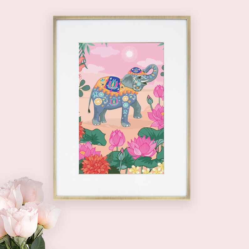 May include: A framed illustration of a decorated elephant standing in a field of pink lotus flowers. The elephant is adorned with colorful patterns and the background is a soft pink.
