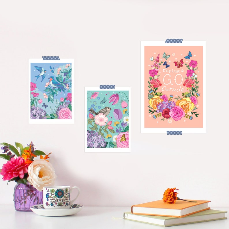 Set of 2 Garden Birds and Flowers Wall Art Prints Swallows Etsy