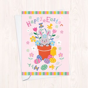 Bright Floral Easter Bunny Card in Pink, Cute Bunny in the Flower Pot image 4