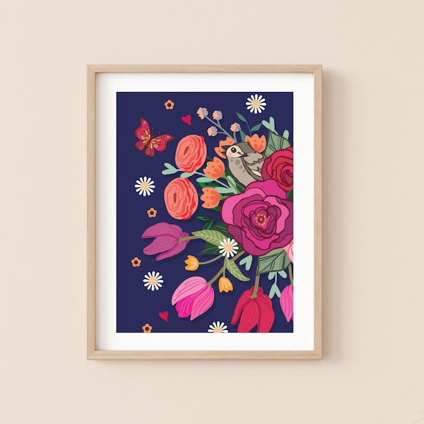 Little bird with bright florals wall art print