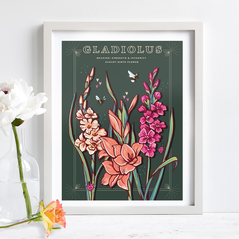 Wall art print of line drawn Gladiolus flowers in orange and pink. August birth flower