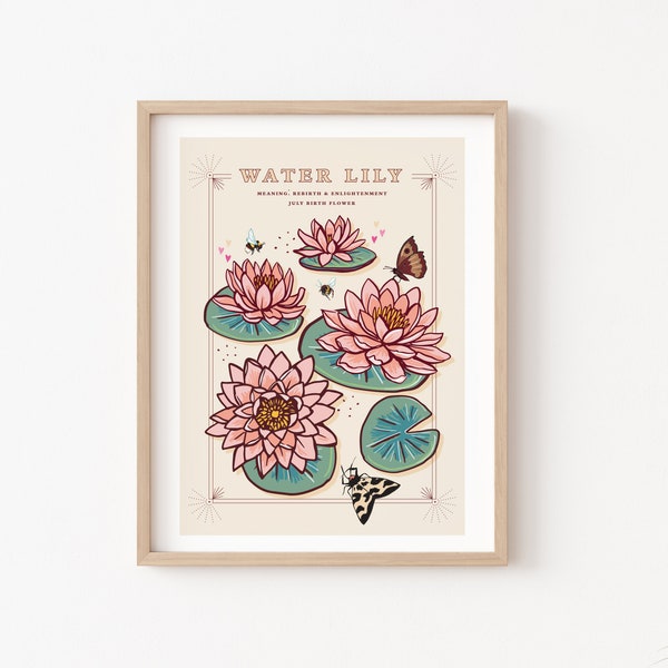 Water Lily Wall Art Print, July Birth Flower Illustration Print