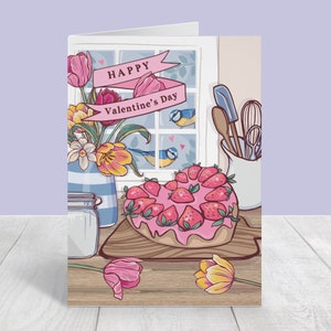 Tarjeta de feliz día de San Valentín, pájaros enamorados, herrerillos y tulipanes