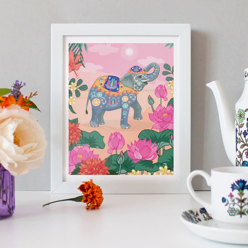 May include: A colorful illustration of a decorated elephant standing in a field of pink lotus flowers. The elephant is adorned with intricate patterns and designs, including flowers, leaves, and geometric shapes. The background is a soft pink with a hint of orange.