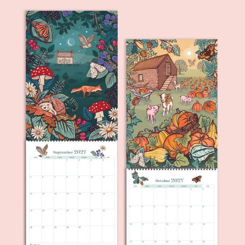 May include: Two wall calendar pages for September and October 2027. September features a dark forest scene with a hedgehog, fox, owl, and mushrooms. October displays a farm scene with pumpkins, a barn, pigs, and a goat, all in vibrant colors.