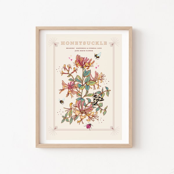 Honeysuckle Wall Art Print, June Birth Flower Print