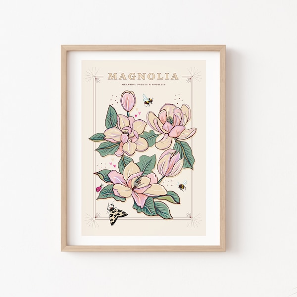Magnolia Wall Art Print, Meaning of Flowers Illustration Print