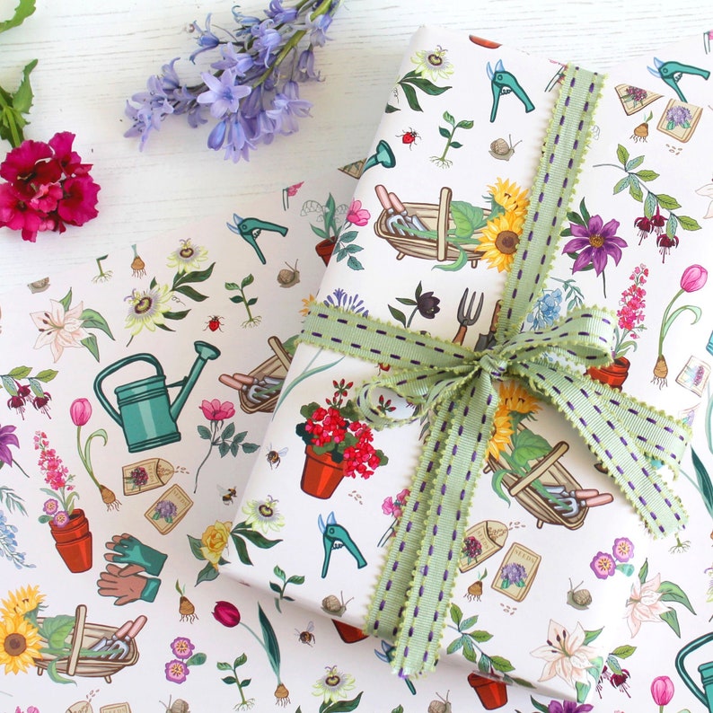 Floral Gardening Gift Wrap with Tag of Garden Flowers Wrapping Paper, Scrapbook Paper image 1