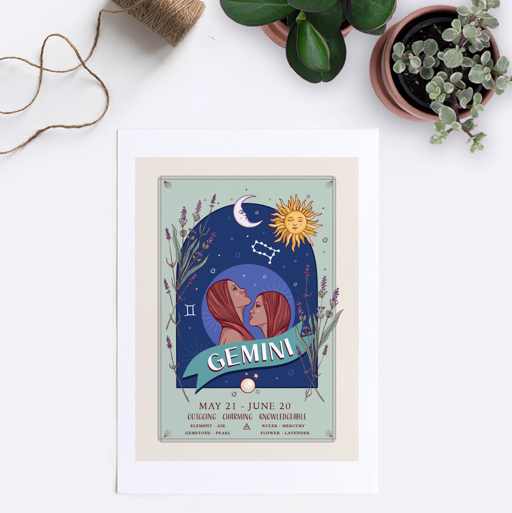 SF Love Ticket サイン入りポストカード　gemini Gemini Wall Art Print, Zodiac Sign and Flowers Illustration Print