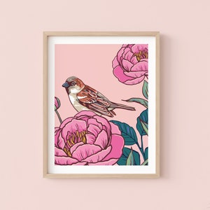 Stampa artistica da parete con passero domestico e peonie
