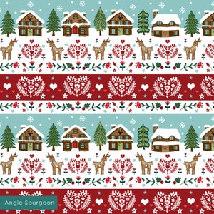 May include: A seamless pattern featuring a winter wonderland scene with red and white hearts, snow-covered houses, and deer. The background is a light blue color with snowflakes.