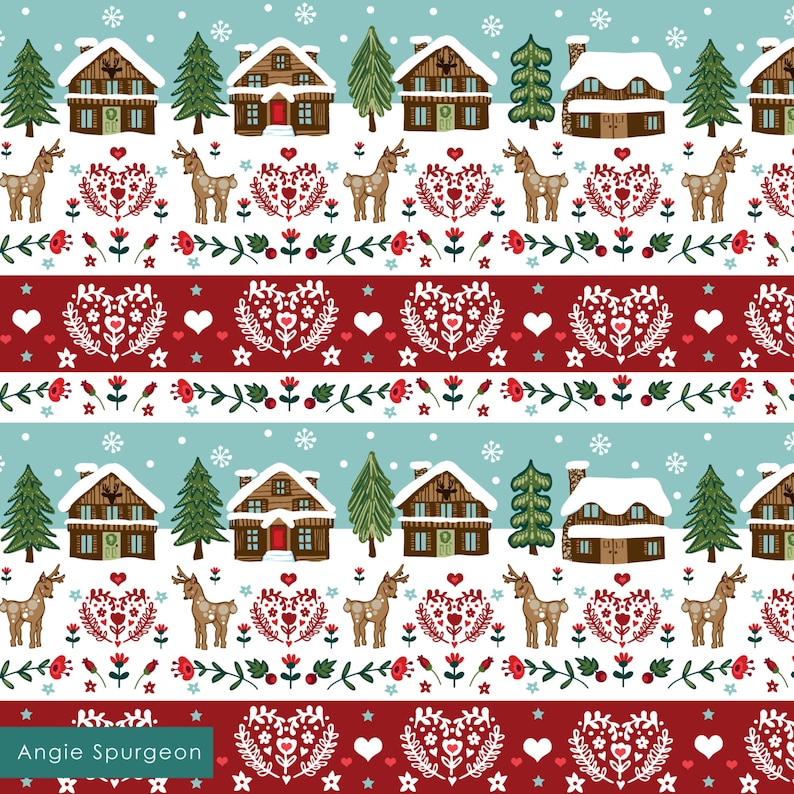 May include: A seamless pattern featuring a winter wonderland scene with red and white hearts, snow-covered houses, and deer. The background is a light blue color with snowflakes.