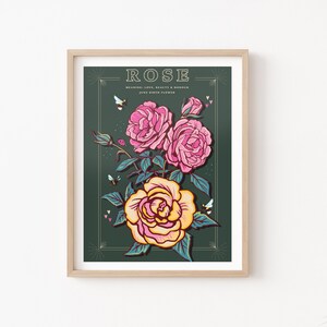 Wall art print of line drawn rose flowers in pink and yellow