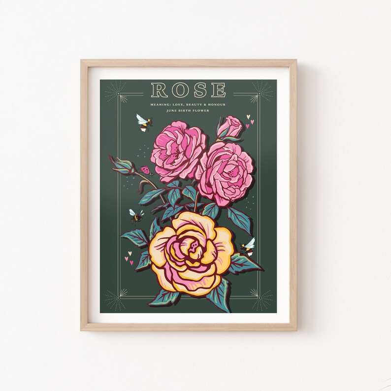 Rose Wall Art Print June Birth Flower Illustration Print - Etsy