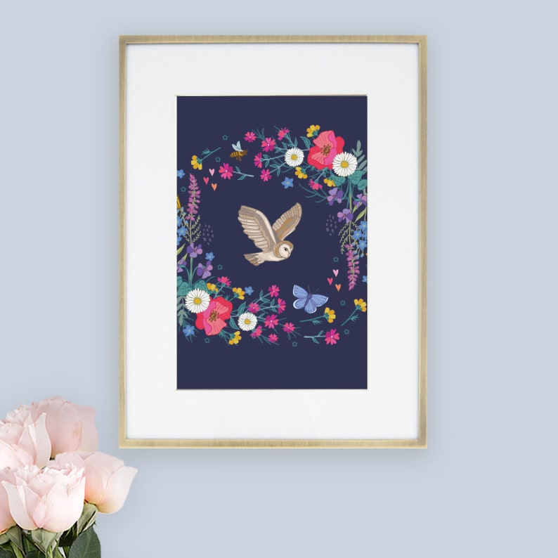 Owl and Wildflower Garland Illustration Print, Botanical Wall Art image 6