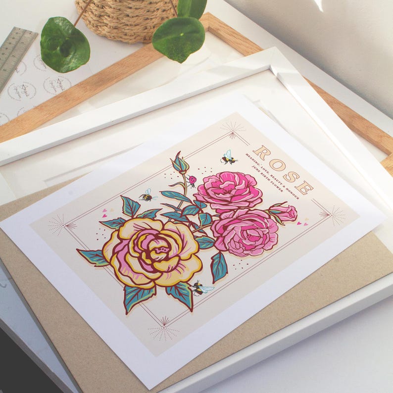 Rose Wall Art Print, June Birth Flower Illustration Print image 2
