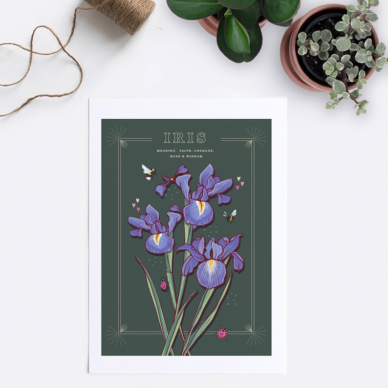 Wall art print of line drawn iris flowers in blue and purple