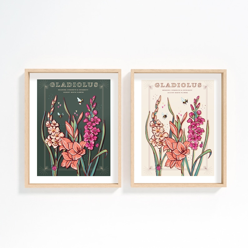 Wall art print of line drawn Gladiolus flowers in orange and pink. August birth flower