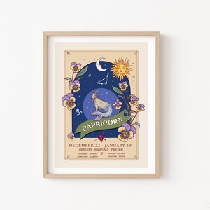 May include: A vintage-style illustration of the Capricorn zodiac sign. The illustration features a goat with a fish tail, surrounded by pansies and stars. The text "Capricorn" is written in a decorative font, along with the dates December 22 - January 19, the element Earth, the gemstone Garnet, the ruler Saturn, and the flower Pansy.