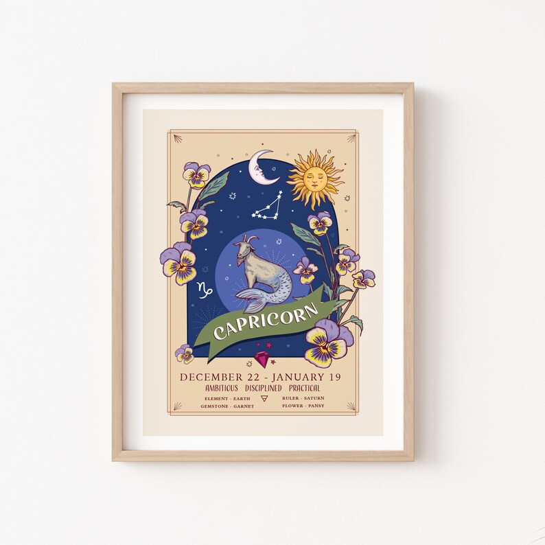 May include: A vintage-style illustration of the Capricorn zodiac sign. The illustration features a goat with a fish tail, surrounded by pansies and stars. The text "Capricorn" is written in a decorative font, along with the dates December 22 - January 19, the element Earth, the gemstone Garnet, the ruler Saturn, and the flower Pansy.