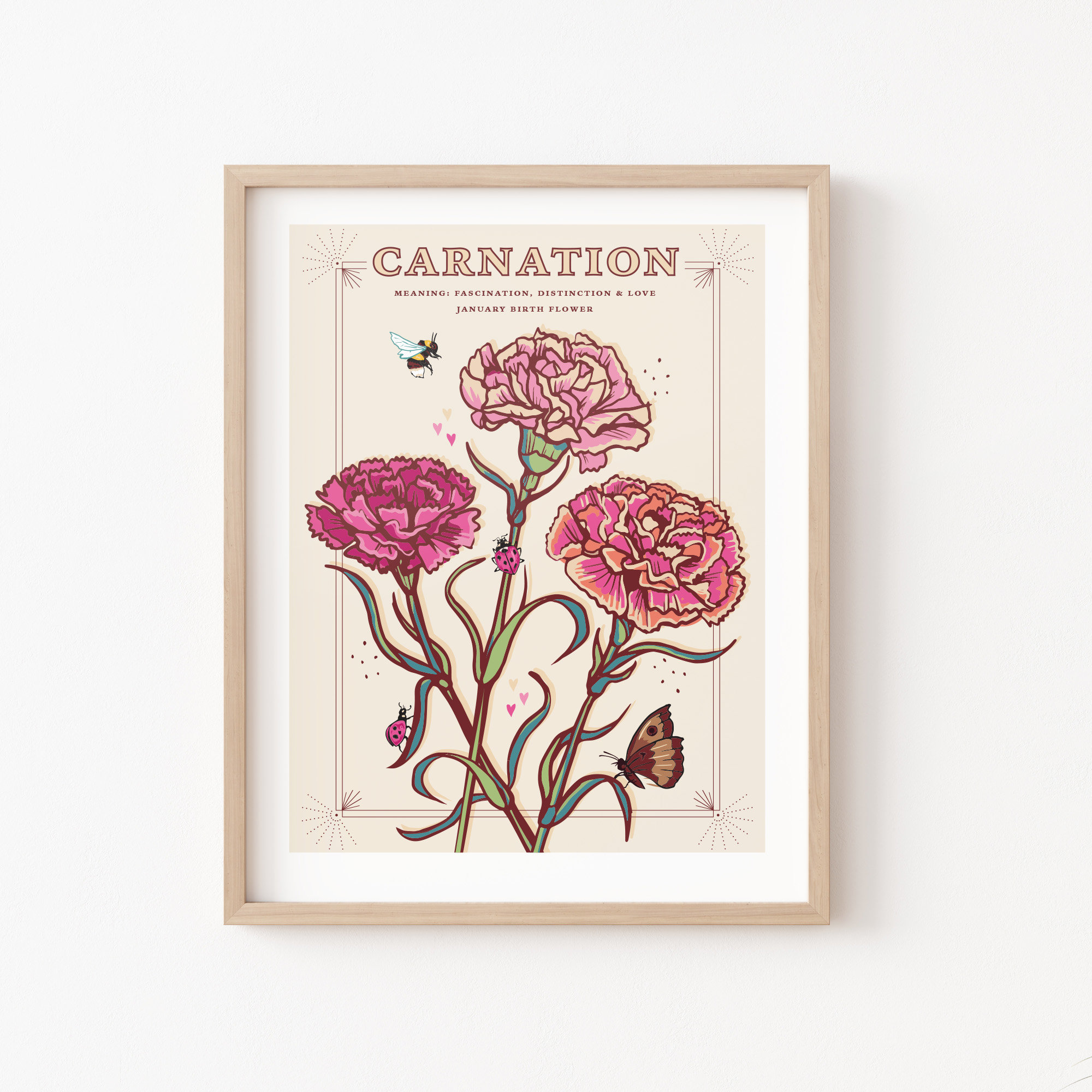 Carnations Wall Art Print, January Birth Flower Illustration Print