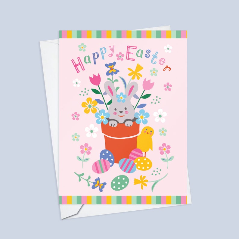 Bright Floral Easter Bunny Card in Pink, Cute Bunny in the Flower Pot image 2