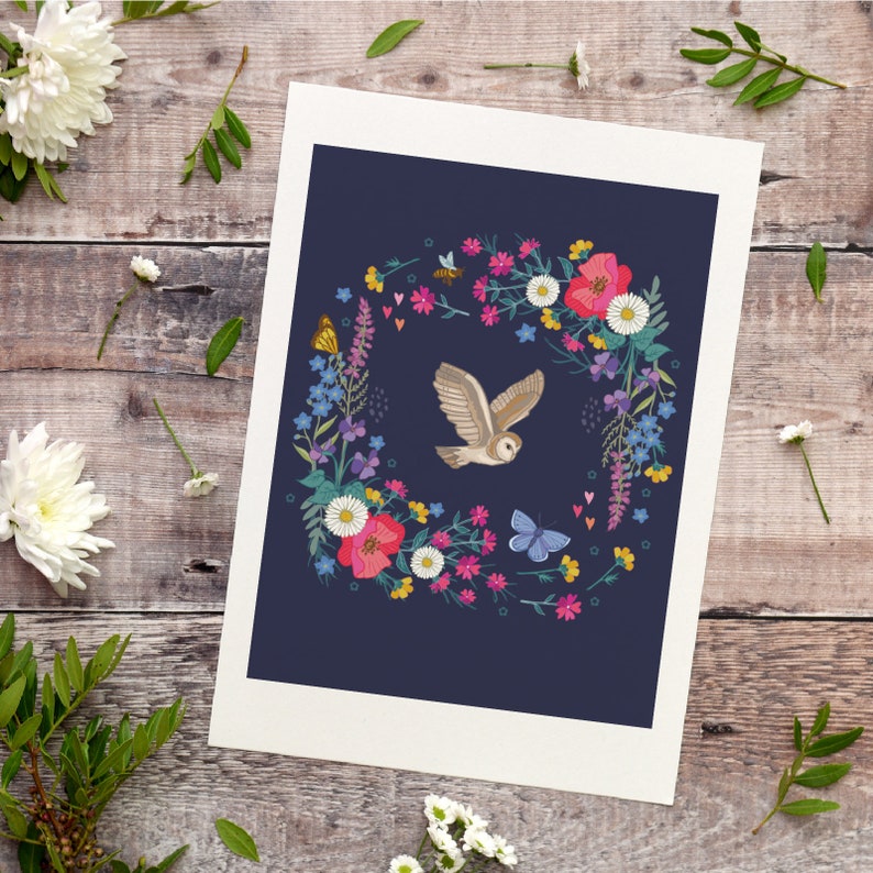 Owl and Wildflower Garland Illustration Print, Botanical Wall Art image 4