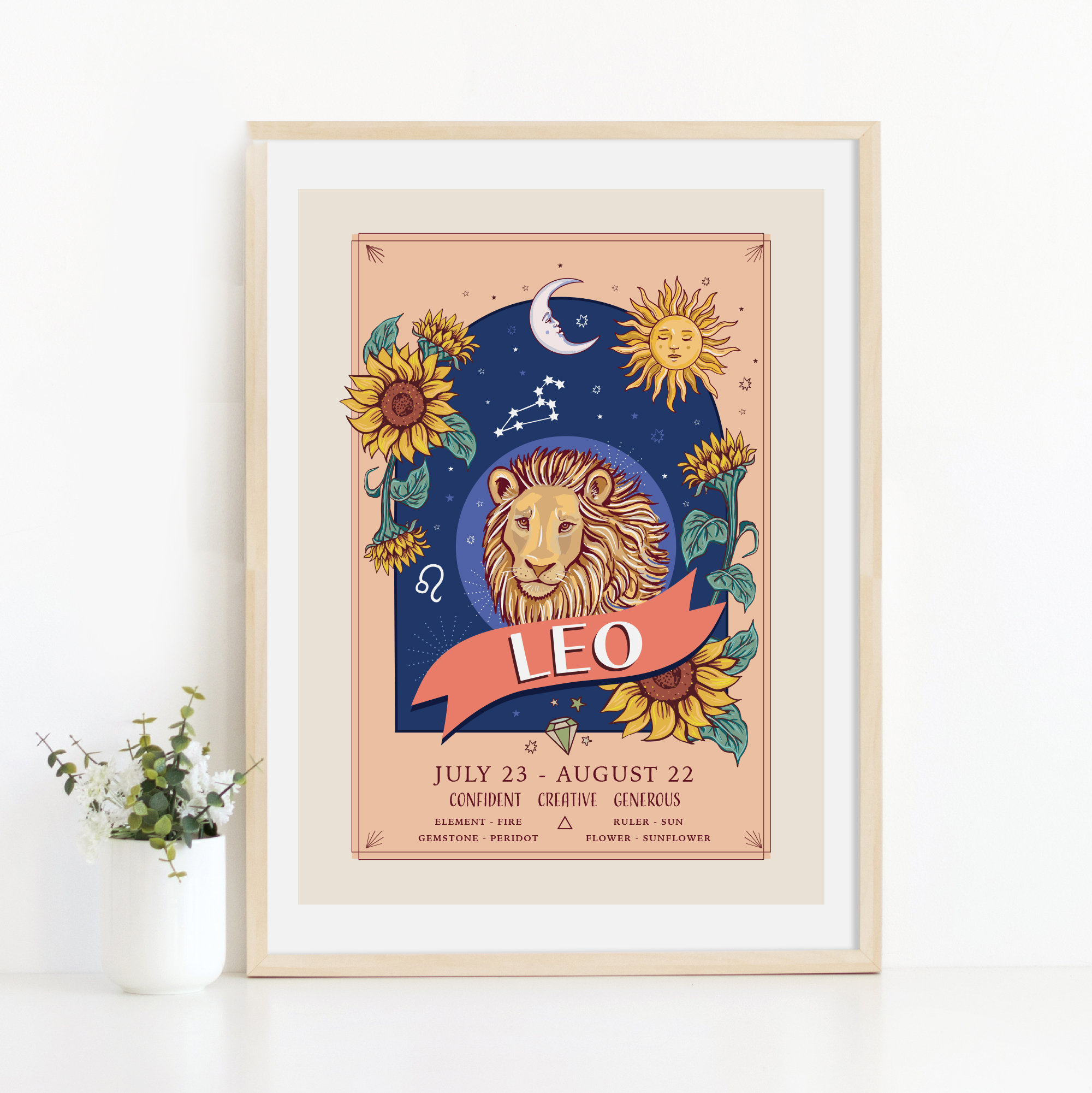 Leo Wall Art Print, Zodiac Sign and Flowers Illustration Print - Etsy